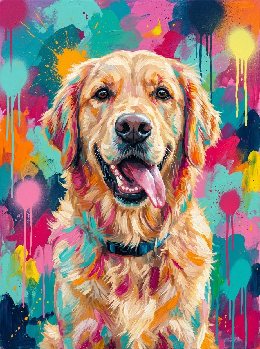The same dog as a finished Bold & Colorful portrait in a black frame